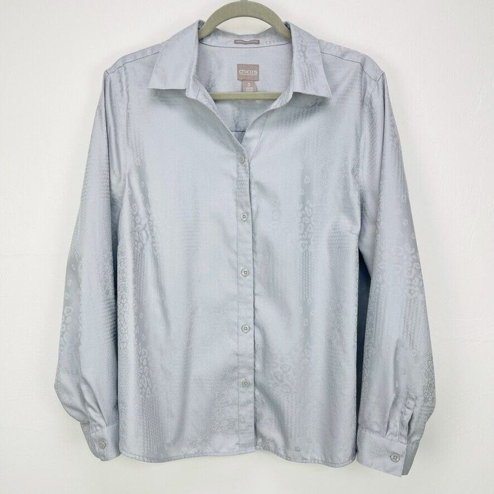 Chico's Silver Satin Leopard Jacquard Button Up Blouse XL Easy Care Work Travel - Picture 5 of 10